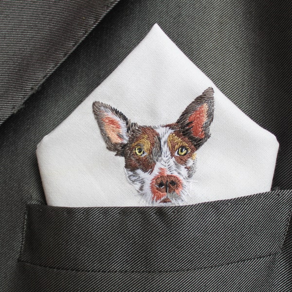 Mens Personalized Cotton Embroidered Pocket Square, Wedding Day Gift to Bride or Father of the Groom from your Dog,Pet Portrait Handkerchief