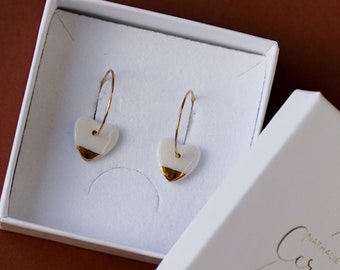 Small heart hoop earrings in porcelain and gold