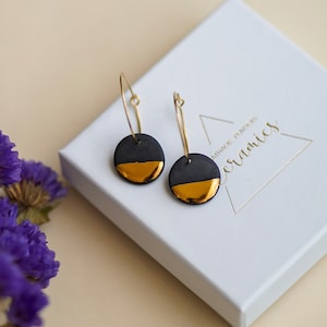 Black and gold porcelain hoop earrings for women