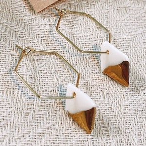 White and gold porcelain hexagonal diamond earrings for women