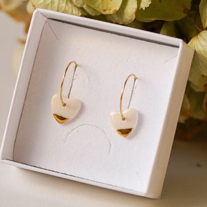 Heart Hoops, Gold Heart Creole Earrings And White And Gold Pearls, Gold