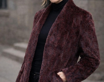 Vintage Lou Nierenberg Burgundy Red  Faux Fur Winter Women's Coat Size 8