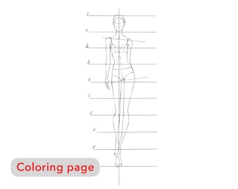Premium coloring page - Women body face proportions - Adult coloring pages printable, fashion girl illustration sketch, digital art download