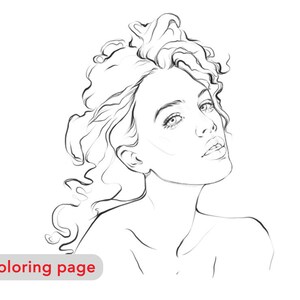 Coloring page, Girl portrait, Digital download, adult coloring page, fashion illustration