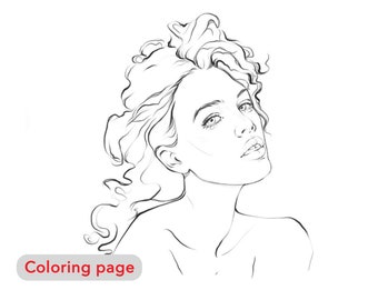Coloring page, Girl portrait, Digital download, adult coloring page, fashion illustration