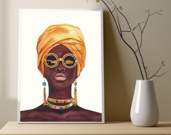 Digital download "Afro", Digital watercolor fashion prints, Printable art , Wall art prints, Fashion girl art prints (0068)