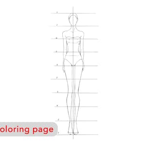 Premium coloring page - Women body proportions - Adult coloring pages printable, fashion girl illustration sketch, digital art download