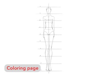 Premium coloring page - Women body proportions - Adult coloring pages printable, fashion girl illustration sketch, digital art download