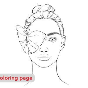 Digital download Girl with butterfly artwork, Premium coloring page for adults, woman line drawing, fashion illustration print