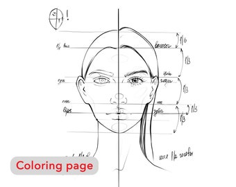 Premium coloring page - Women portrait face proportions - Adult coloring pages printable, fashion girl illustration, digital art download