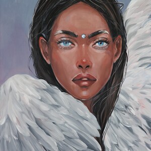 Pintura al óleo "Alas", Cuadro al óleo original, Retrato de rostro de mujer, Arte mural original (0007OIL)
