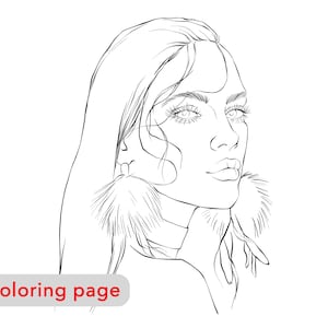 Coloring page, Girl in earrings, Girl portrait, Digital download, adult coloring page, fashion illustration, premium coloring page