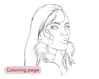 Coloring page, Girl in earrings, Girl portrait, Digital download, adult coloring page, fashion illustration, premium coloring page