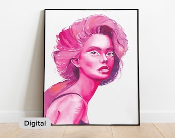 Digital download "Pink shadow", Digital watercolor fashion prints, Printable art , Wall art prints, Fashion girl art prints (0055)