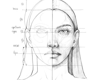 Colouring pages, Easy TUTORIALS how to draw woman portrait, face proportions, face chart for artist and designers with explanations