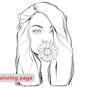 Coloring page Gerbera girl contour, Woman line drawing, Digital download, Fashion illustration portrait, Premium coloring pages for adults