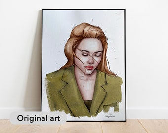 Original watercolor art “Thoughtful girl” 30/40 sm, portrait, fashion girl, watercolor painting by Victoria Kagalovska (0061)