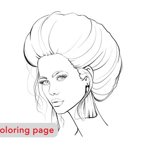 Coloring page,  Girl with a high hairstyle, Girl portrait, Digital download, adult coloring page, fashion illustration