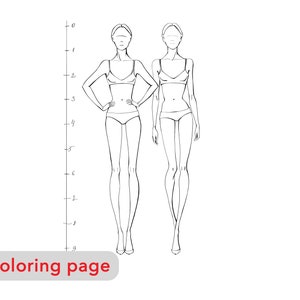 May include: Line drawing of two figures wearing lingerie. The figures are standing with their hands on their hips. The drawing is on a white background.