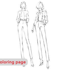 Coloring page, Fashion womans, Girls portrait, Digital download, adult coloring page, fashion illustration, premium coloring page