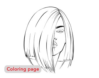 Dibujo para colorear: Chica con corte de pelo a la moda, Retrato de niña, Descarga digital, Dibujo para colorear para adultos, Ilustración de moda, Dibujo para colorear premium