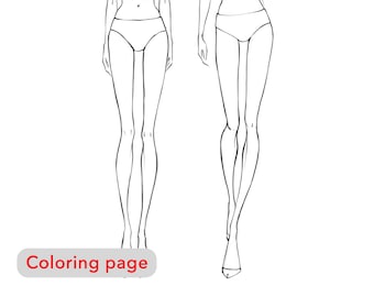 Premium coloring page - Women body face legs proportions - set of fashion girl illustrations, adult coloring pages printable, digital art