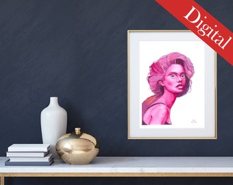 Digital download Pink girl, Watercolor girl, Digital Prints, Printable Art , Wall Art Prints, Instant Printable Fashion Illustration Print