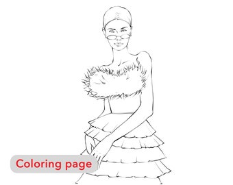 Premium coloring page Girl in fashion dress, printable adult coloring pages, Digital download fashion illustration by V.Kagalovska