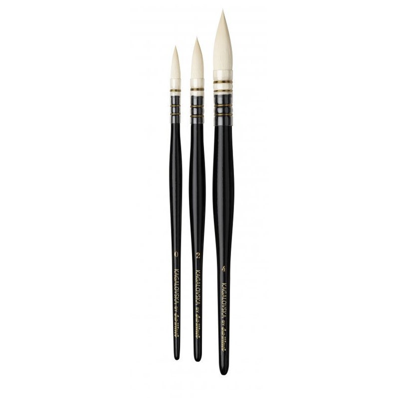 May include: Three watercolor paint brushes with black handles and natural-colored bristles. The brushes are labeled with sizes 0, 2, and 4. Gold-colored bands accent the black handles. The brushes are arranged vertically against a white background.