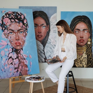 Oil series of three paintings "The Beginning". Oil troptych. Original oil picture, portrait painting, wall art