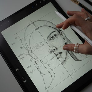 May include: A digital drawing of a woman's face on a tablet screen. The drawing is in pencil and is divided into sections with handwritten labels for the hair, eyebrows, eyes, nose, lips, and neck.