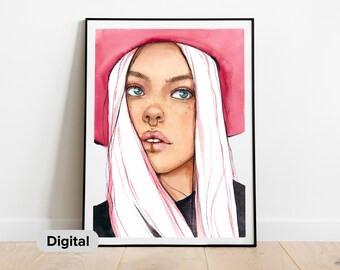 Digital download "Avril", Digital watercolor fashion prints, Printable art , Wall art prints, Fashion girl art prints (0087)