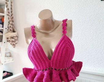 Crochet top with ruffles, Crochet top, Crochet top, Pink, Crochet Crop Top