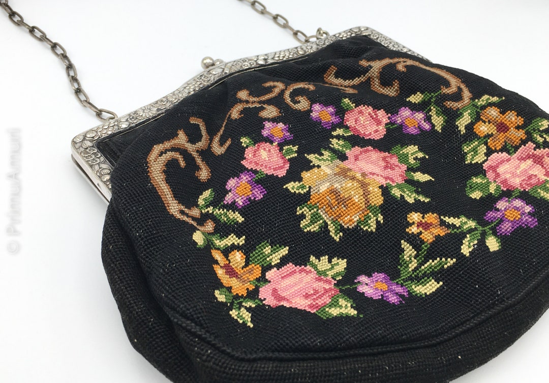 Antique Floral Petit Point Embroidery Black Clutch Bag/ - Etsy