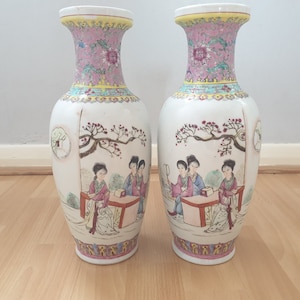 Chinese Famille Rose Vase  Set of 2  - Antique Zhonguo Jingdezhen Zhi  20th Century  1 ft / 31 cm