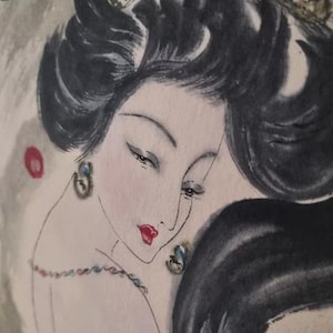 Antigua pintura de rollo de seda de papel colgante chino vintage de una geisha