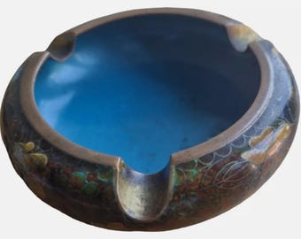 Posacenere cinese vintage Closionne in ottone smaltato floreale marrone