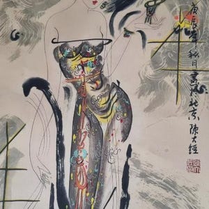 Antigua pintura de rollo de seda de papel colgante chino vintage de una geisha