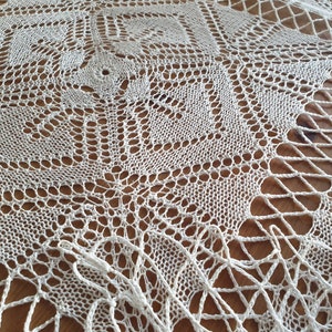 May include: White crocheted doily with a delicate, intricate pattern. The doily is made of fine thread and has a circular shape.