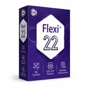 May include: A purple rectangular software box for Flexi 22 featuring a white hexagonal centre with the text Flexi 22. The box displays the SAi logo, SAi Connect, DTG | DTF Features, and Workflow Enhancements icons and text on the front and side.