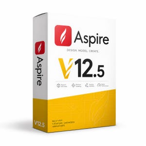 Puede incluir: Una caja de software blanca y amarilla para Aspire V12.5. El frente presenta un logotipo rojo, el texto Aspire DESIGN. MODEL. CREATE., y V12.5 en fuente grande amarilla y negra. Se incluyen iconos para herramientas CAD, modelado y rendimiento.