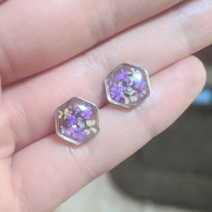 Pressed Flower Resin Studs silver hexagons with purple lace flowers honeycomb earrings dried flower earrings pressed flower jewelry