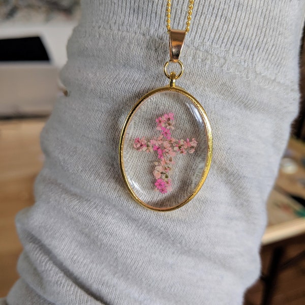 Real Pressed Flowers in Resin - Gold Oval Pendant Necklace - Pink Christian Jewelry