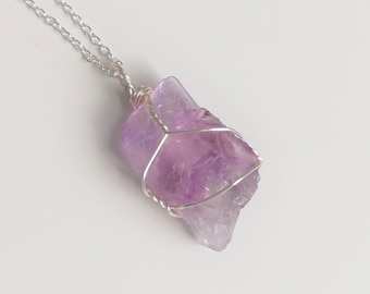 Amethyst (raw) Crystal Necklace Pendant Wire Wrapped with Sterling Silver Plated Chain, Purple, Affirmations, Mindful, Trust Your Intuition