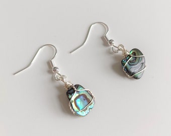 Abalone Shell Earrings, Dangle, Sterling Silver Hooks, Wire Wrapped, Iridescent Blue and Green, Ocean Energy