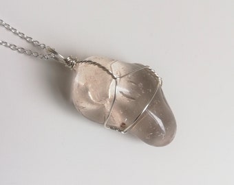 Clear Quartz (polished) Crystal Necklace Pendant Silver Wire Wrapped with Silver Chain