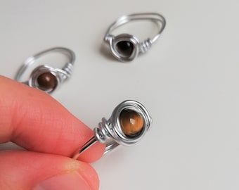 Tiger Eye Crystal Wire Wrapped Ring - Handmade, Sphere Bead, Strength, Courage, Mindfulness