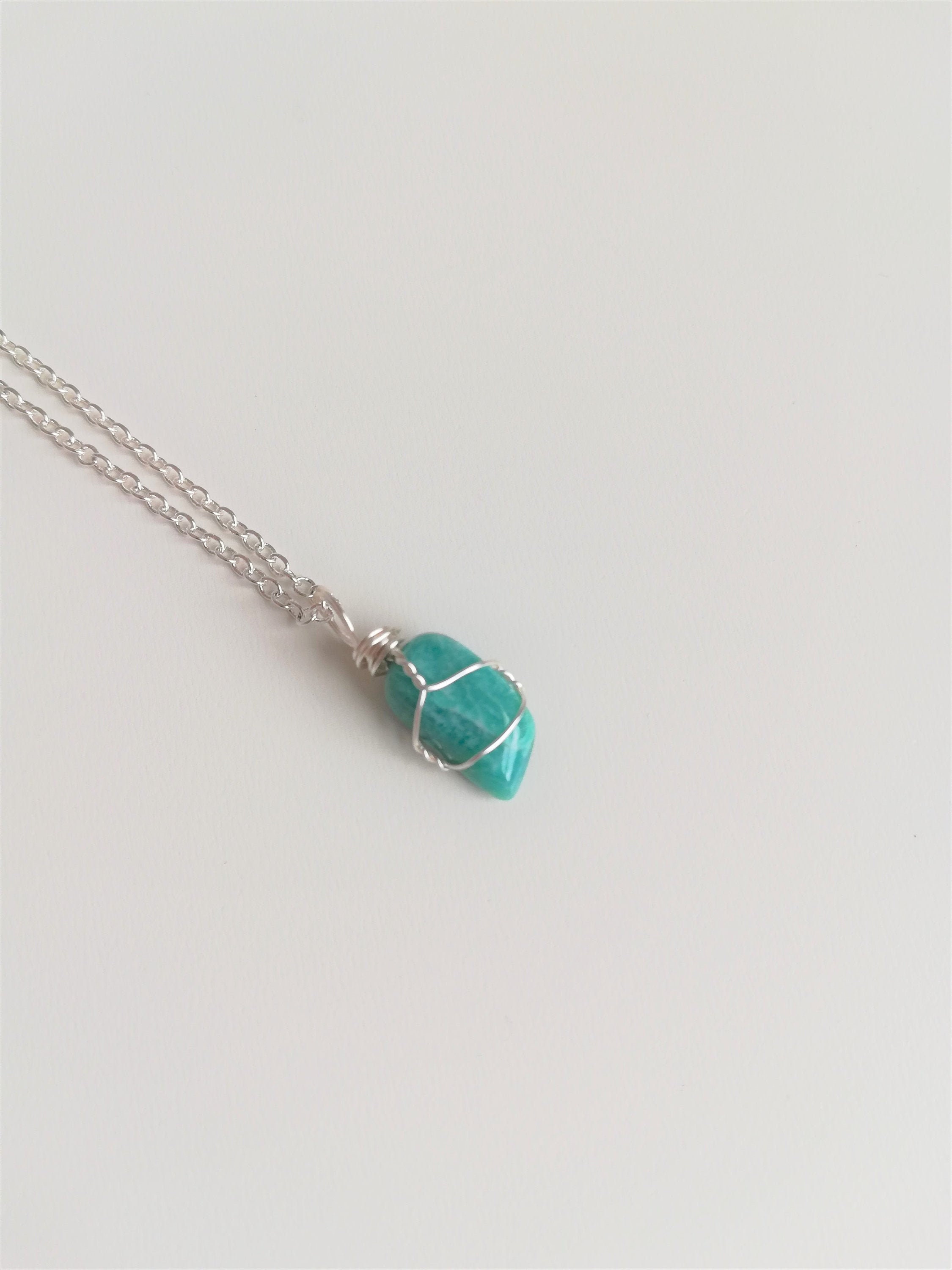Amazonite Crystal Necklace Pendant Small Handmade Blue Stone Inner child Joy Wire Wrapped Affirmations