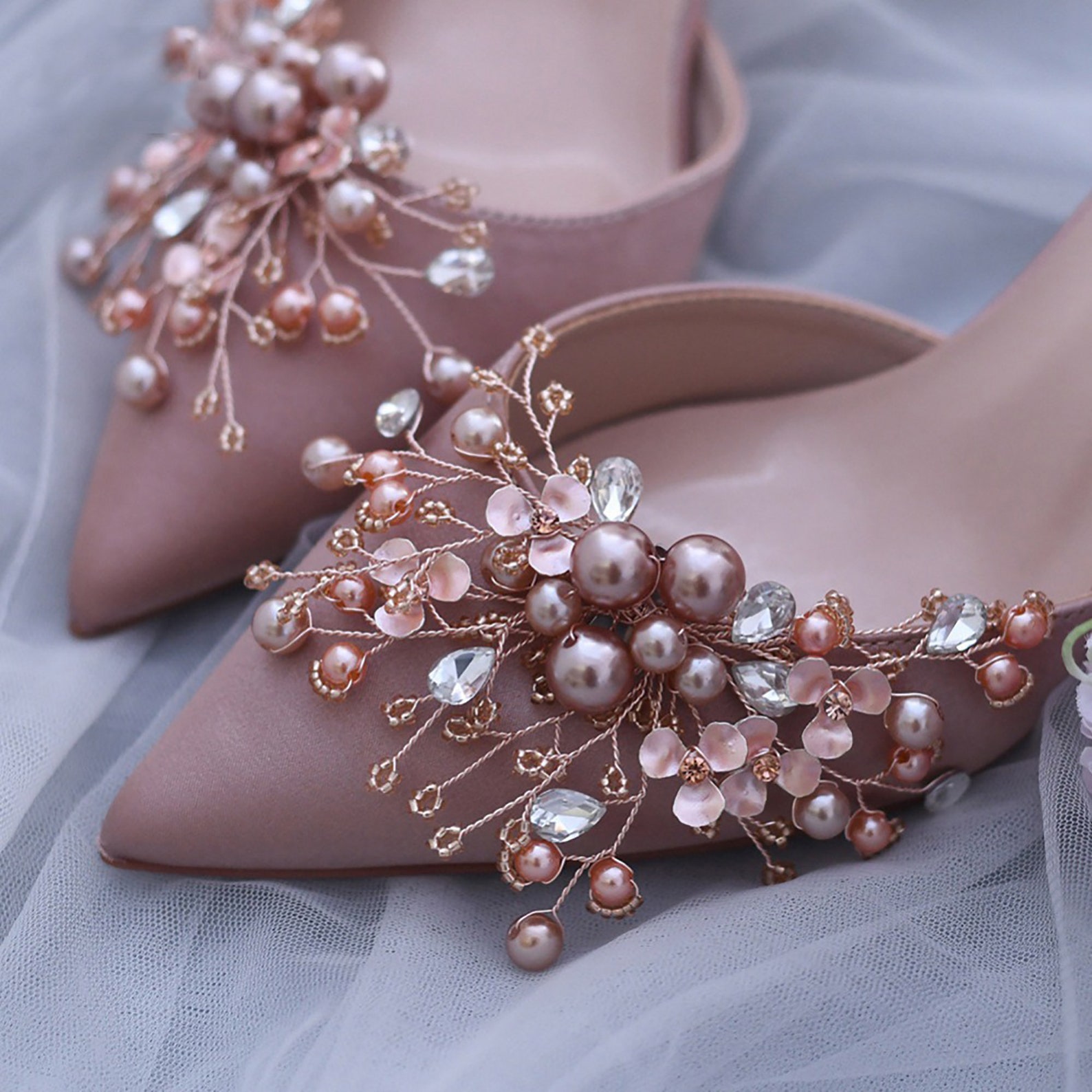Rhinestones Pearls and Flowers Rose Gold Shoe Clips Crystal Etsy