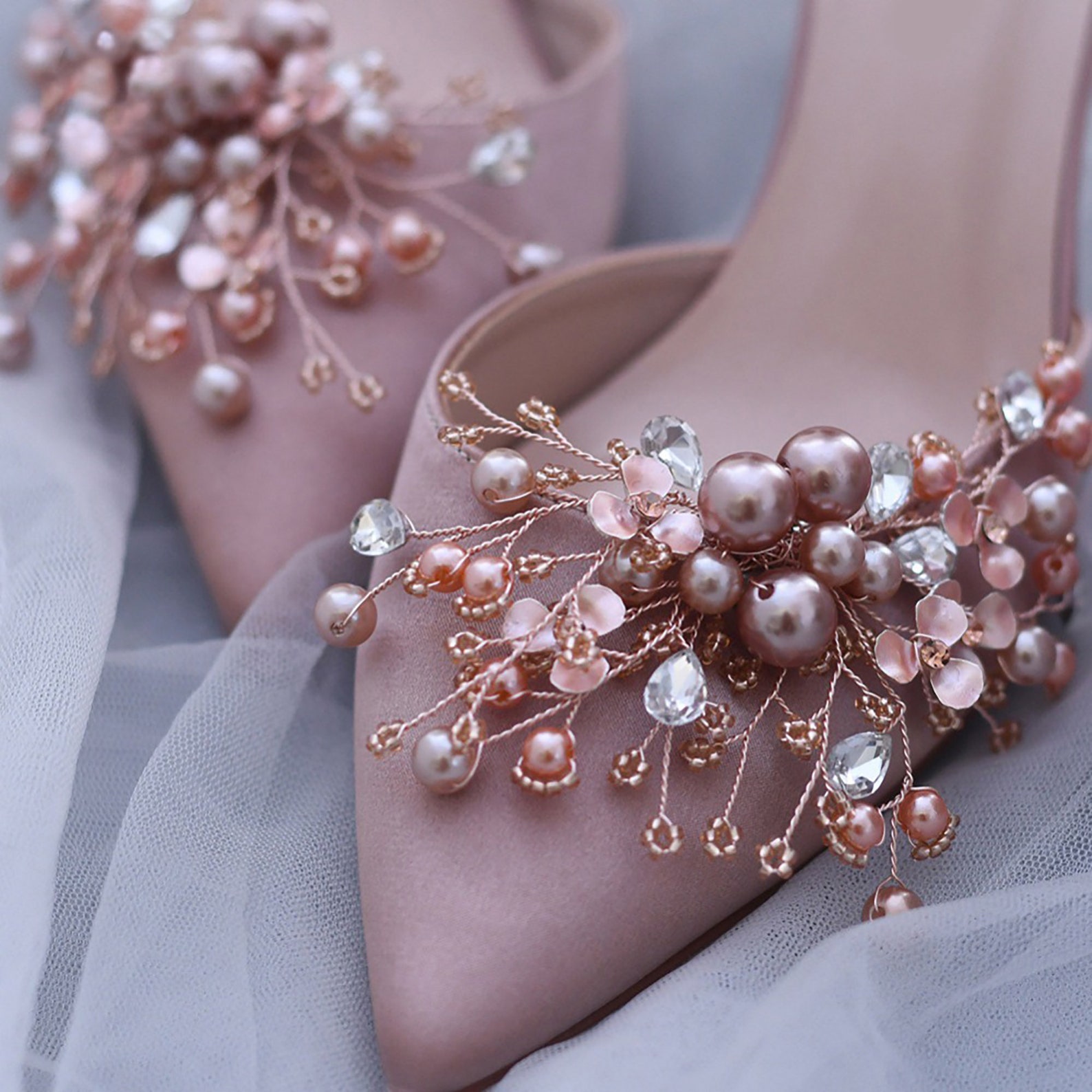 Rhinestones Pearls and Flowers Rose Gold Shoe Clips Crystal Etsy